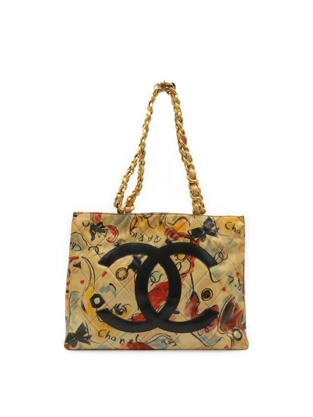 Chanel Quilted Jumbo CC Logo Chain Tote Shoulder Bag Multicolor Gold